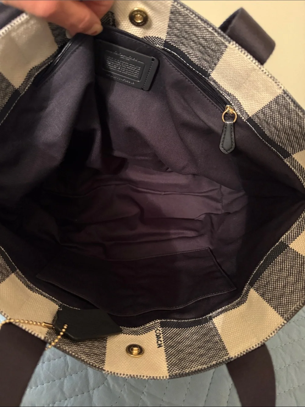 Coach Cream and Blue Buffalo Check Canvas Tote with Long Straps